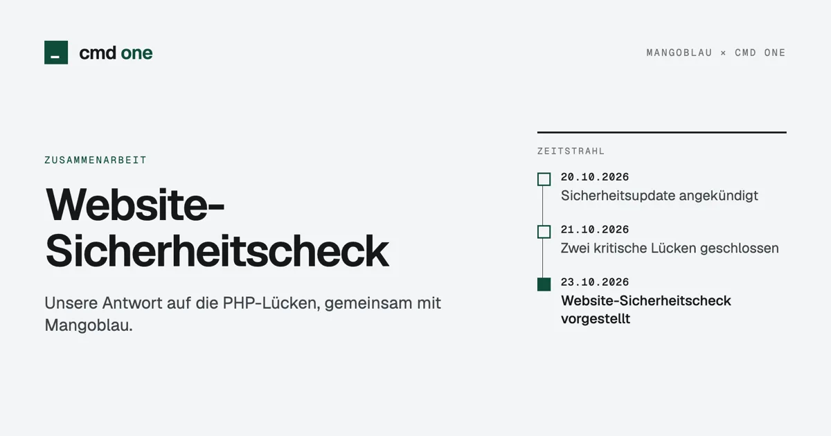 Grafik: Website-Sicherheitscheck von Mangoblau und cmd one, Zeitstrahl vom 20. bis 23. Oktober 2026